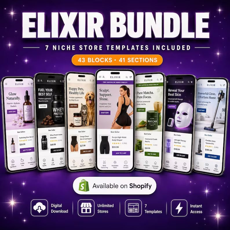Elixir Shopify Theme Bundle | Base Theme + 7 Niche Templates | Skincare Pet Supplement Shapewear Matcha | Digital Download