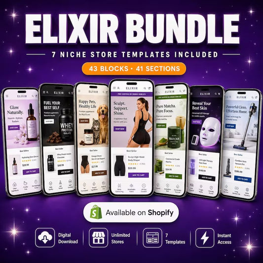 Elixir Shopify Theme Bundle | Base Theme + 7 Niche Templates | Skincare Pet Supplement Shapewear Matcha | Digital Download