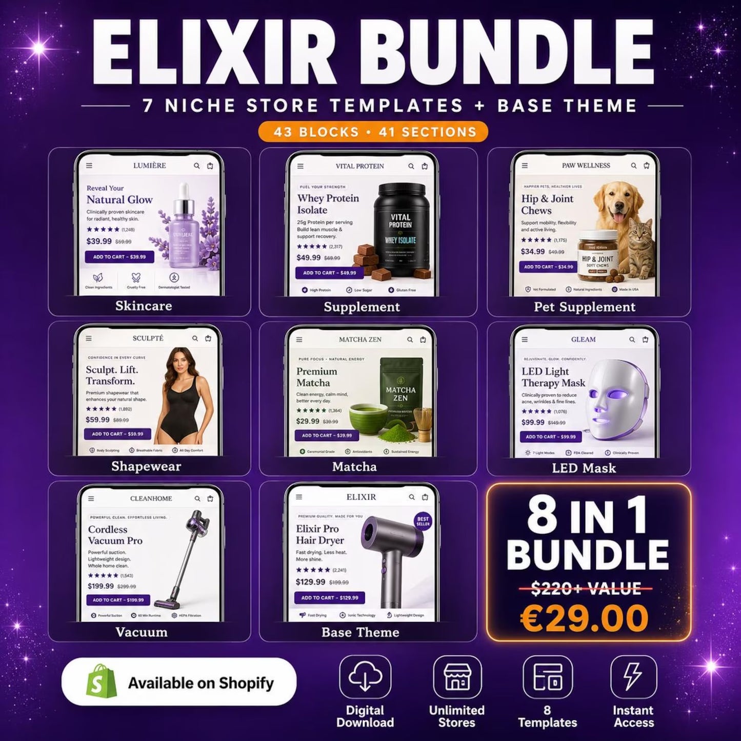 Elixir Shopify Theme Bundle | Base Theme + 7 Niche Templates | Skincare Pet Supplement Shapewear Matcha | Digital Download