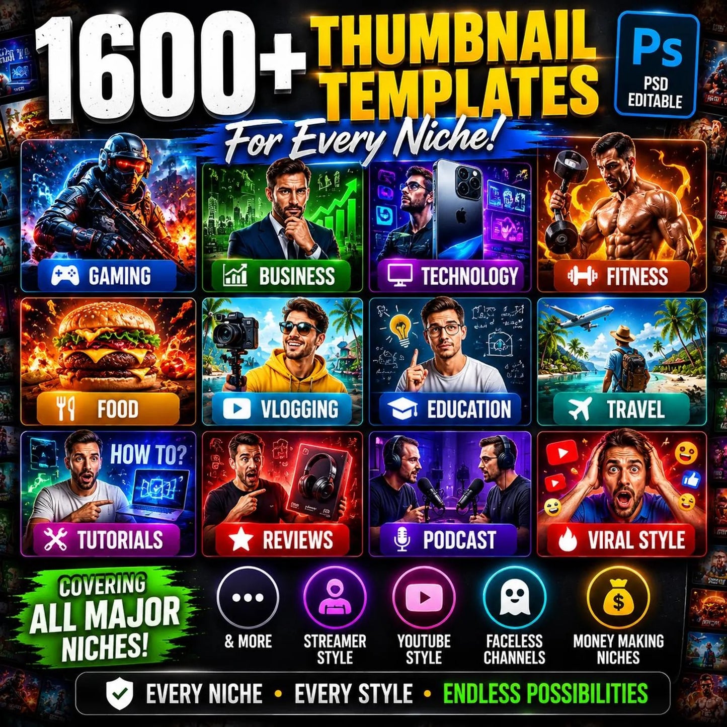 YouTube Thumbnail Bundle PSD Templates | 1600+ Editable Photoshop YouTube Thumbnails + 14,000 Asset Vault